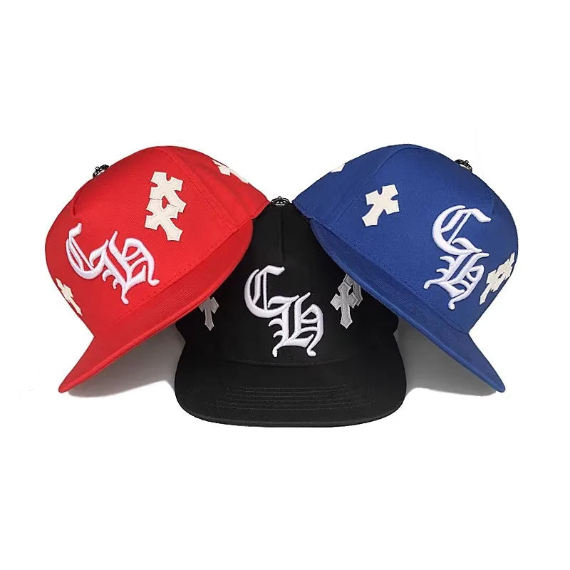 Trendy hip-hop hats, men's white leather crosses, red baseball caps, casual versatile peaked hats