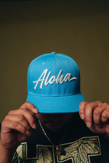 BABY BLUE & WHITE ALOHA SCRIPT