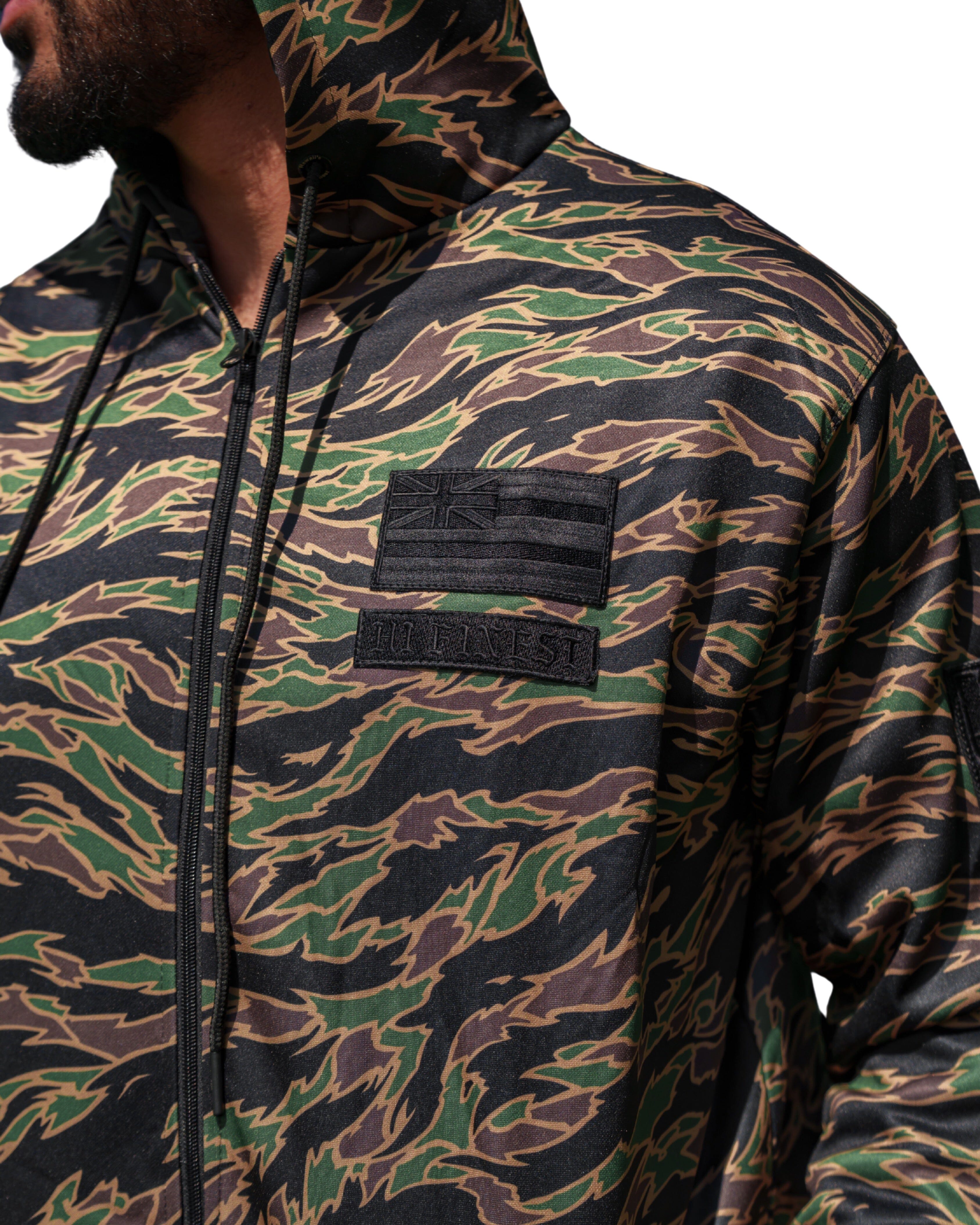 OLIVE & BROWN TIGER CAMO HOODED BOMBER JACKET