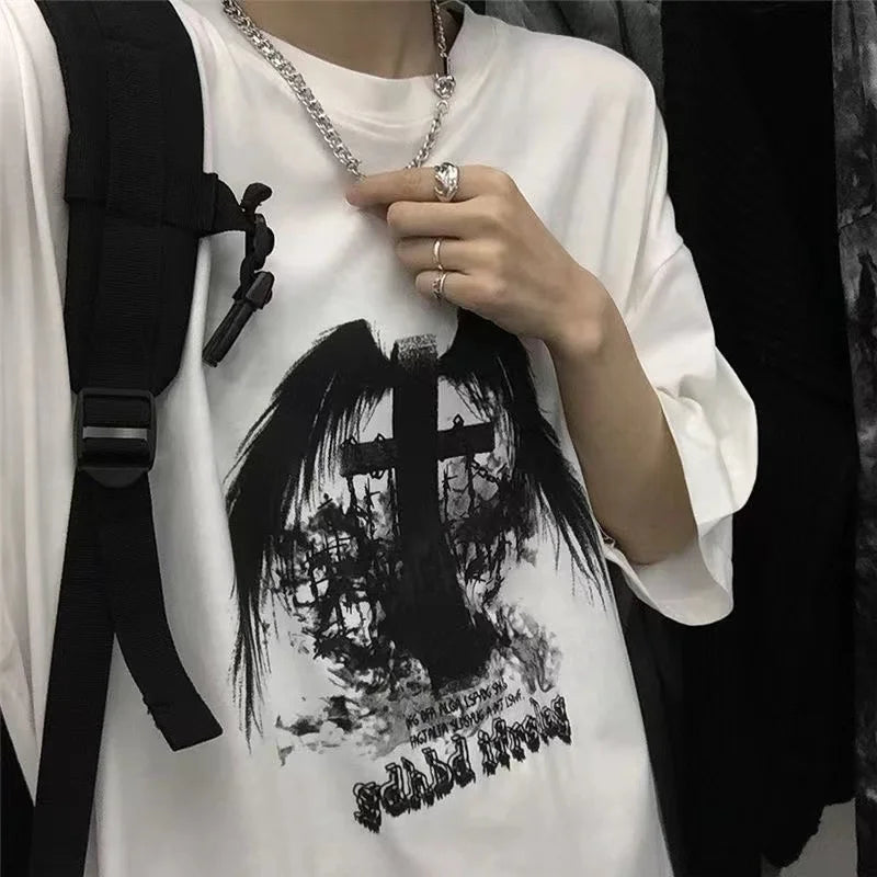 Men T-shirts 2023 Summer Streetwear High Street Gothic Skull Tshirt Loose Oversized Short-sleeved T shirt Dark Anime Men Y2k Top