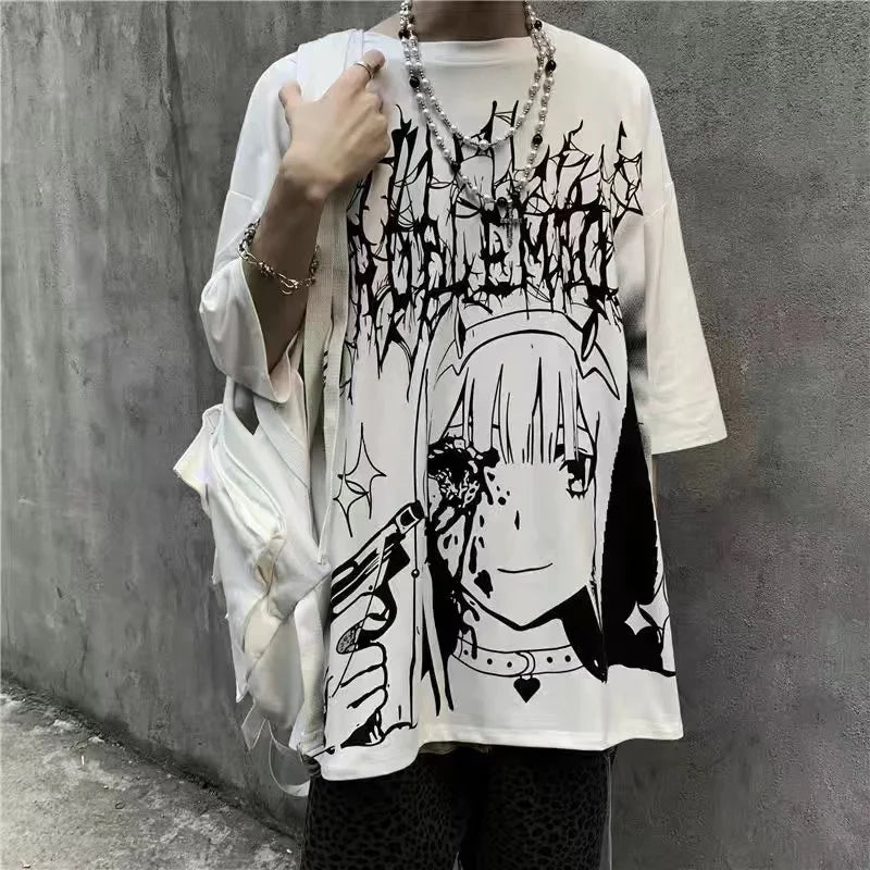 Men T-shirts 2023 Summer Streetwear High Street Gothic Skull Tshirt Loose Oversized Short-sleeved T shirt Dark Anime Men Y2k Top
