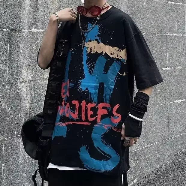 Men T-shirts 2023 Summer Streetwear High Street Gothic Skull Tshirt Loose Oversized Short-sleeved T shirt Dark Anime Men Y2k Top