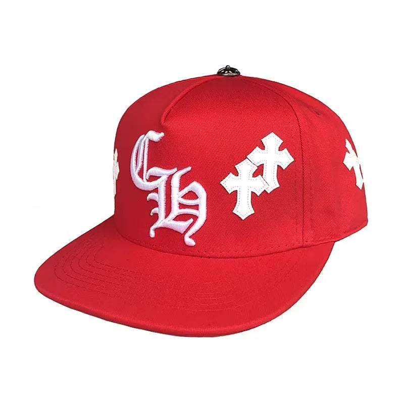Trendy hip-hop hats, men's white leather crosses, red baseball caps, casual versatile peaked hats