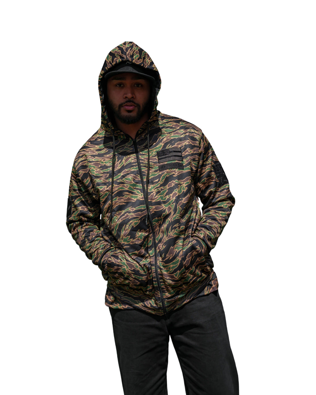 OLIVE & BROWN TIGER CAMO HOODED BOMBER JACKET
